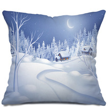Winter Night Landscape Illustration, Midnight Is Small Village Pillows 72112171