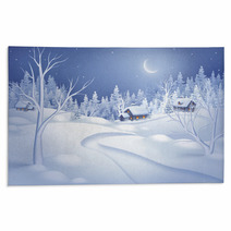 Winter Night Landscape Illustration, Midnight Is Small Village Rugs 72112171
