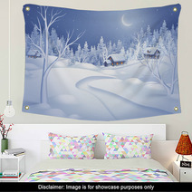 Winter Night Landscape Illustration, Midnight Is Small Village Wall Art 72112171