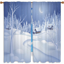 Winter Night Landscape Illustration, Midnight Is Small Village Window Curtains 72112171
