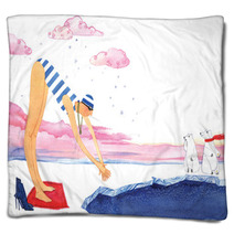 Winter Swimming Girl Swimming In Ice Hole On On White Background Blankets 126805687