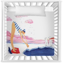 Winter Swimming Girl Swimming In Ice Hole On On White Background Nursery Decor 126805687
