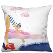 Winter Swimming Girl Swimming In Ice Hole On On White Background Pillows 126805687