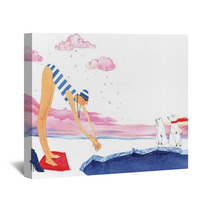 Winter Swimming Girl Swimming In Ice Hole On On White Background Wall Art 126805687