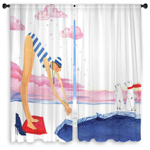 Winter Swimming Girl Swimming In Ice Hole On On White Background Window Curtains 126805687