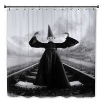Wizard In Black Cloak And Dunce Hat Standing On Rails Bath Decor 66610186
