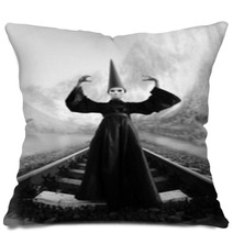 Wizard In Black Cloak And Dunce Hat Standing On Rails Pillows 66610186