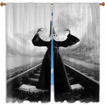Wizard In Black Cloak And Dunce Hat Standing On Rails Window Curtains 66610186