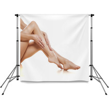 Woman Apply Cream On Her Bare Feet Backdrops 60418733