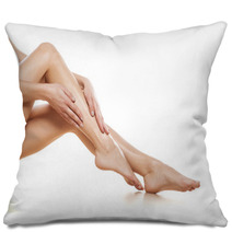 Woman Apply Cream On Her Bare Feet Pillows 60418733