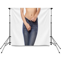 Woman Buttoning Her Jeans On White Background Backdrops 66063919