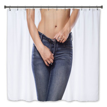 Woman Buttoning Her Jeans On White Background Bath Decor 66063919