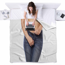 Woman Buttoning Her Jeans On White Background Blankets 66063919