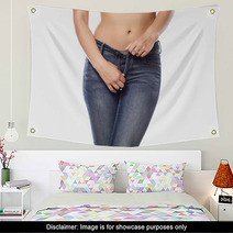 Woman Buttoning Her Jeans On White Background Wall Art 66063919
