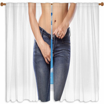 Woman Buttoning Her Jeans On White Background Window Curtains 66063919