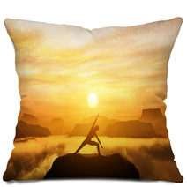 Woman Doing Yoga on Mountaintop at Sunset Pillows 68793588