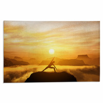 Woman Doing Yoga on Mountaintop at Sunset Rugs 68793588