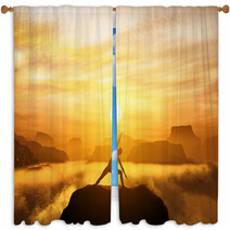 Woman Doing Yoga on Mountaintop at Sunset Window Curtains 68793588