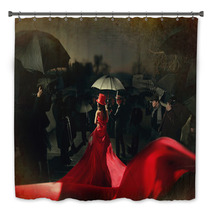 Woman In Red Dress On Carpet. Photo Of Paparazzi Back. Bath Decor 75457173