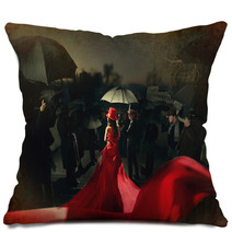 Woman In Red Dress On Carpet. Photo Of Paparazzi Back. Pillows 75457173