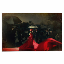Woman In Red Dress On Carpet. Photo Of Paparazzi Back. Rugs 75457173