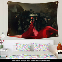 Woman In Red Dress On Carpet. Photo Of Paparazzi Back. Wall Art 75457173
