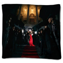 Woman In Red Dress On The Red Carpet Photos Of Paparazzi Blankets 75451548