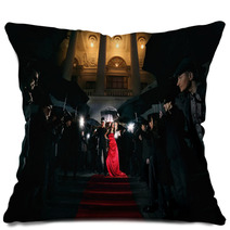Woman In Red Dress On The Red Carpet Photos Of Paparazzi Pillows 75451548