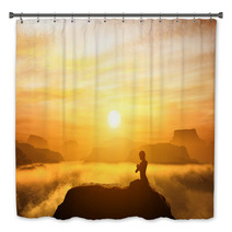 Woman Meditating In Yoga Position On The Top Of Mountains Bath Decor 68793630