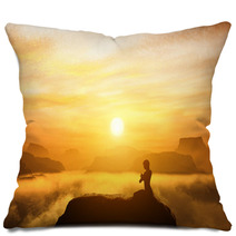 Woman Meditating In Yoga Position On The Top Of Mountains Pillows 68793630