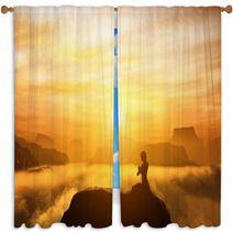 Woman Meditating In Yoga Position On The Top Of Mountains Window Curtains 68793630