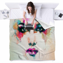 Woman Portrait  .abstract  Watercolor .fashion Background Blankets 68067837