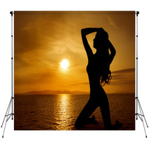 Woman Sexy Silhouette Over Sky Sunset On Sea Backdrops 68009955