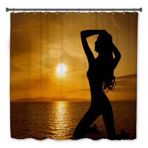 Woman Sexy Silhouette Over Sky Sunset On Sea Bath Decor 68009955