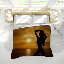 Woman Sexy Silhouette Over Sky Sunset On Sea Bedding 68009955