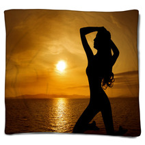 Woman Sexy Silhouette Over Sky Sunset On Sea Blankets 68009955