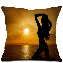 Woman Sexy Silhouette Over Sky Sunset On Sea Pillows 68009955