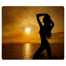 Woman Sexy Silhouette Over Sky Sunset On Sea Rugs 68009955
