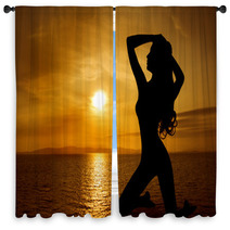 Woman Sexy Silhouette Over Sky Sunset On Sea Window Curtains 68009955