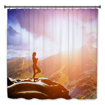 Woman Standing In Tree Yoga Position, Meditating In Mountains Bath Decor 62334773