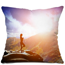 Woman Standing In Tree Yoga Position, Meditating In Mountains Pillows 62334773