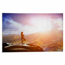Woman Standing In Tree Yoga Position, Meditating In Mountains Rugs 62334773