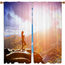 Woman Standing In Tree Yoga Position, Meditating In Mountains Window Curtains 62334773