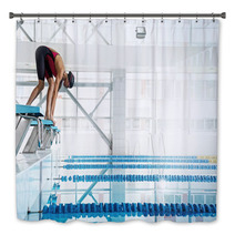 Woman Swimmer In A Starting Position Bath Decor 113709055