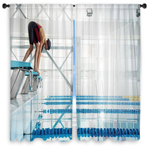 Woman Swimmer In A Starting Position Window Curtains 113709055