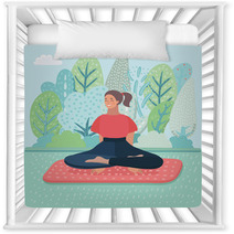 Woman Was Meditating In Morning And Rays Of Light On Landscape Nursery Decor 196163473