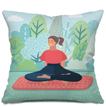 Woman Was Meditating In Morning And Rays Of Light On Landscape Pillows 196163473