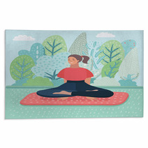 Woman Was Meditating In Morning And Rays Of Light On Landscape Rugs 196163473