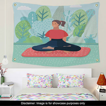 Woman Was Meditating In Morning And Rays Of Light On Landscape Wall Art 196163473