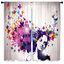 Woman With A Butterflies In Hair. Window Curtains 30731918